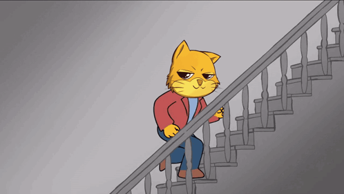 A Cartoon Cat Is Walking Up The Stairs GIF