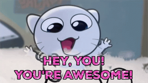 A Cartoon Cat Is Waving And Saying Hey You You 'Re Awesome GIF
