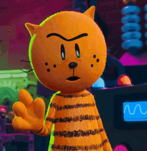 A Cartoon Cat Is Waving His Hand In Front Of A Monitor That Says M GIF
