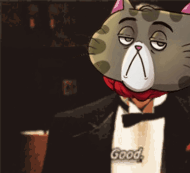 a cartoon cat is wearing a tuxedo and a bow tie and has the word good written on his apron