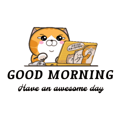 Cartoon Cat Working On Laptop Says Good Morning GIF