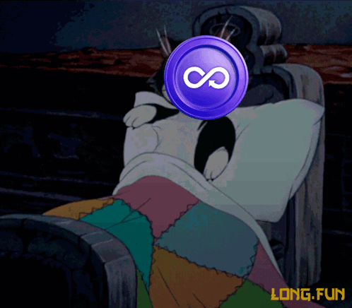 A Cartoon Cat Laying In Bed With A Purple Coin With An Infinity Sign On It GIF