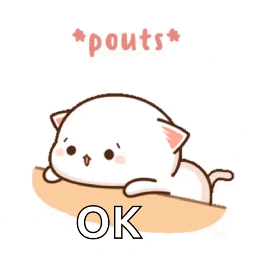 A Cartoon Cat Laying On A Table With The Words " Pouts " And " Ok " Above It GIF