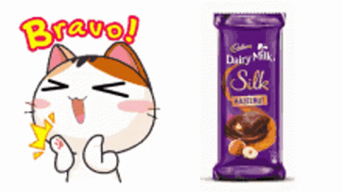 A Cartoon Cat Next To A Bar Of Cadbury Dairy Milk Silk Hazelnut GIF