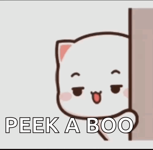 A Cartoon Cat Peeking Out From Behind A Wall With The Words `` Peek A Boo '' Written On It . GIF