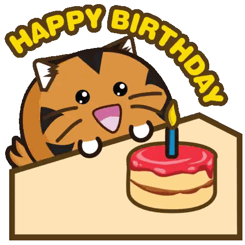 a cartoon cat peeking over a table with a birthday cake
