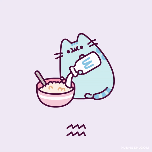 A Cartoon Cat Pouring Milk Into A Bowl Of Cereal GIF