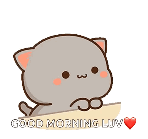 A Cartoon Cat Says Good Morning Luv With A Heart In The Background GIF