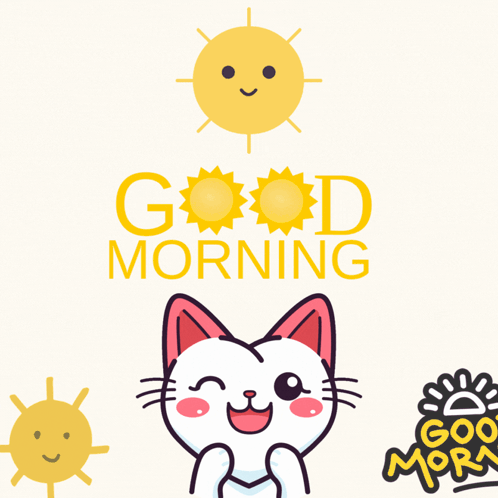 A Cartoon Cat Says Good Morning With A Sun And A Cloud GIF