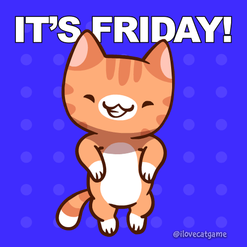 A Cartoon Cat Says It 'S Friday On A Blue Polka Dot Background GIF