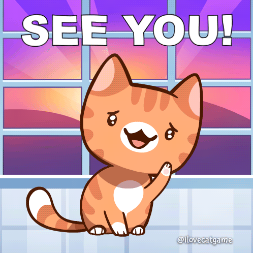 A Cartoon Cat Says " See You " With A Window Behind It GIF