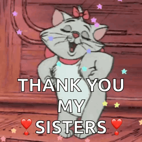 A Cartoon Cat Says " Thank You My Sisters " In Front Of A Door GIF