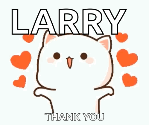A Cartoon Cat Says Thank You To Larry With Hearts Around It GIF