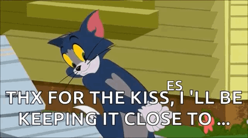 A Cartoon Cat Says Thx For The Kiss , I 'Ll Be Keeping It Close To .. GIF