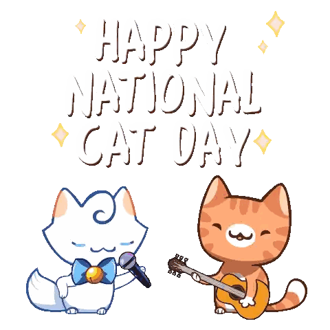 a cartoon cat singing into a microphone and another cat playing a guitar for national cat day