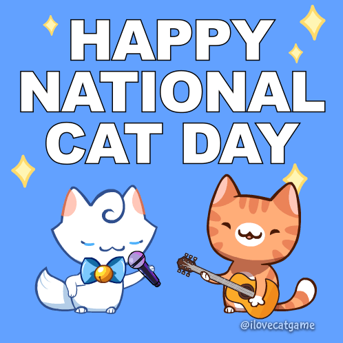 A Cartoon Cat Singing Into A Microphone And Another Cat Playing A Guitar Says Happy National Cat Day GIF