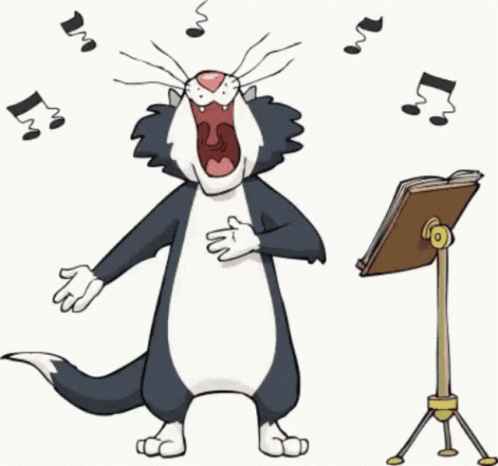 A Cartoon Cat Singing Next To A Music Stand With Music Notes Flying Around It GIF