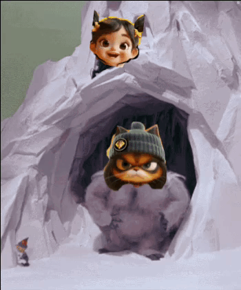A Cartoon Cat Wearing A Beanie Is Standing Next To A Girl GIF