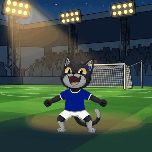 A Cartoon Cat Wearing A Blue Shirt And White Shorts Is Standing On A Soccer Field GIF