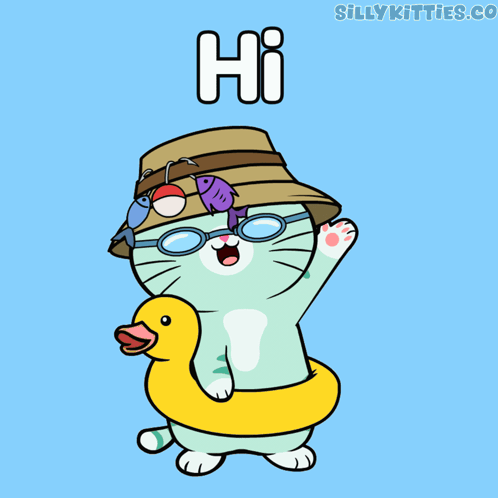 A Cartoon Cat Wearing A Hat And Sunglasses Is Holding A Rubber Duck And The Word Hi Above It GIF