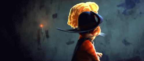 A Cartoon Cat Wearing A Hat With A Yellow Feather On Top GIF