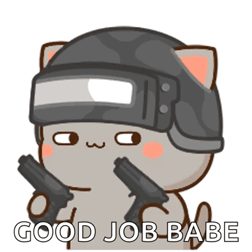 A Cartoon Cat Wearing A Helmet And Holding Two Guns With The Words " Good Job Babe " Below It GIF