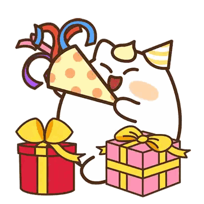 a cartoon cat wearing a party hat is holding a gift box