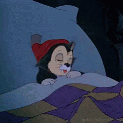 A Cartoon Cat Wearing A Red Hat Is Sleeping In Bed . GIF