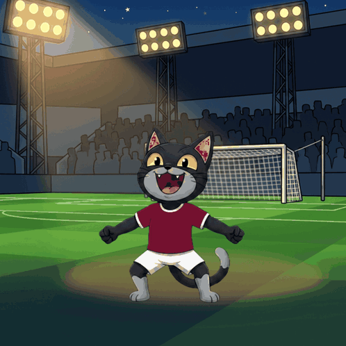 A Cartoon Cat Wearing A Red Shirt And Shorts Is Standing On A Soccer Field GIF