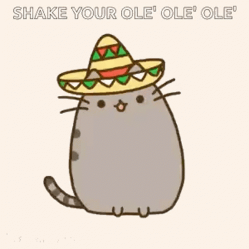 A Cartoon Cat Wearing A Sombrero With The Words `` Shake Your Ole Ole Ole '' Written Below It . GIF