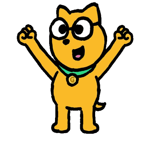 a cartoon cat wearing glasses and a green collar with a g on it