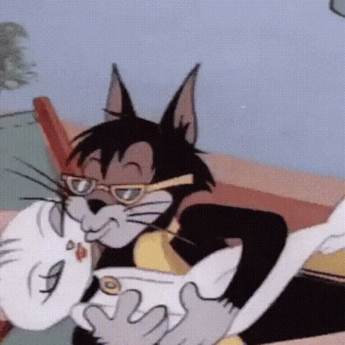A Cartoon Cat Wearing Glasses Is Holding A Cat 'S Head GIF