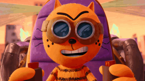A Cartoon Cat Wearing Goggles Is Sitting In A Purple Seat GIF