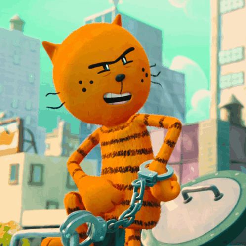 A Cartoon Cat Wearing Handcuffs Is Sitting On A Clock GIF