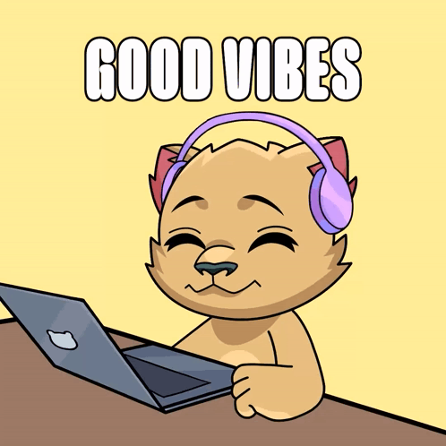 A Cartoon Cat Wearing Headphones Is Sitting At A Desk With A Laptop And The Words Good Vibes Above Him GIF