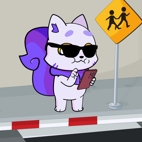 A Cartoon Cat Wearing Sunglasses Is Holding A Cell Phone In Front Of A Crosswalk Sign GIF