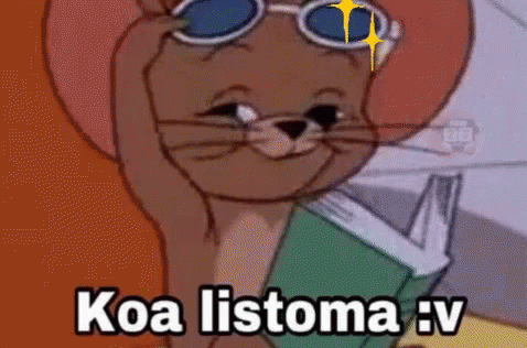a cartoon cat wearing sunglasses is reading a book and says koa listoma : v