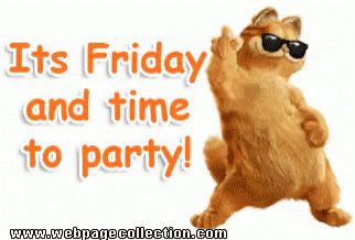 A Cartoon Cat Wearing Sunglasses Says It 'S Friday And Time To Party ! GIF