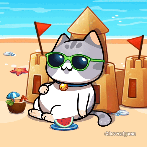 A Cartoon Cat Wearing Sunglasses Sits On A Beach GIF