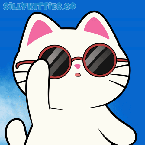A Cartoon Cat Wearing Sunglasses With The Website Sillykitties.co Written On The Bottom GIF