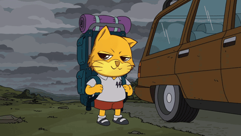 A Cartoon Cat With A Backpack And A Shirt That Says H On It GIF