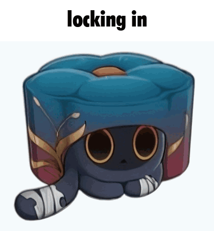 A Cartoon Cat With A Bandage On Its Leg Is Sitting On A Blue Pillow With The Words Locking In Above It . GIF