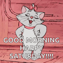A Cartoon Cat With A Bow On Its Head Says Good Morning Happy Saturday !!! GIF