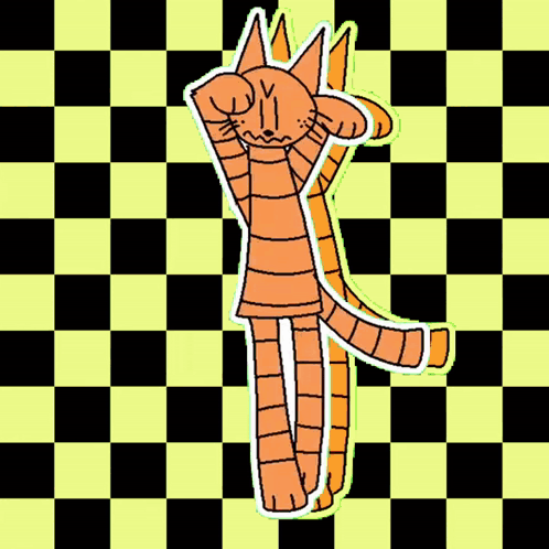 A Cartoon Cat With A Crown On Its Head Is Standing On A Pink And Black Checkered Background . GIF