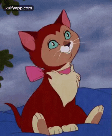 A Cartoon Cat With A Pink Bow Around Its Neck Is Sitting On A Blue Surface . GIF