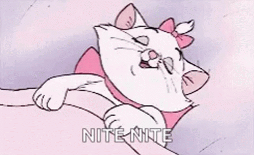 A Cartoon Cat With A Pink Bow On Its Head Is Yawning And Saying `` Nite Nite '' . GIF