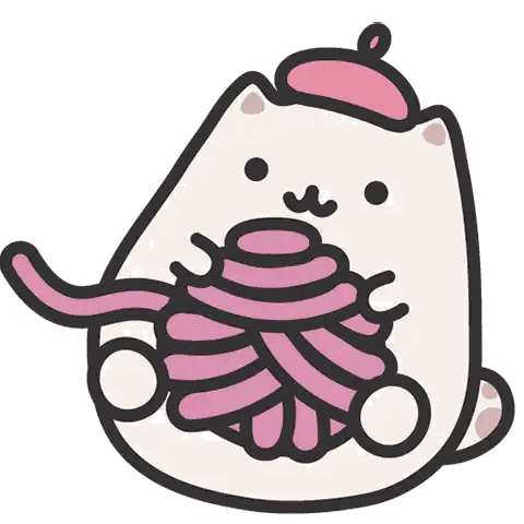 a cartoon cat with a pink hat is holding a ball of pink yarn