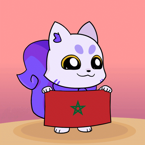 A Cartoon Cat With A Purple Tail Is Holding A Red Flag With A Green Star On It GIF