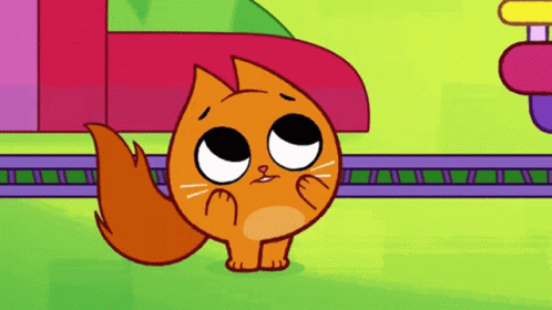 A Cartoon Cat With A Sad Look On Its Face Is Standing In The Grass GIF
