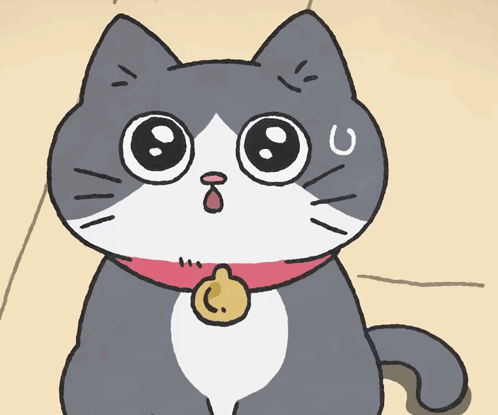 A Cartoon Cat With Big Eyes And A Collar With A Bell Around Its Neck GIF